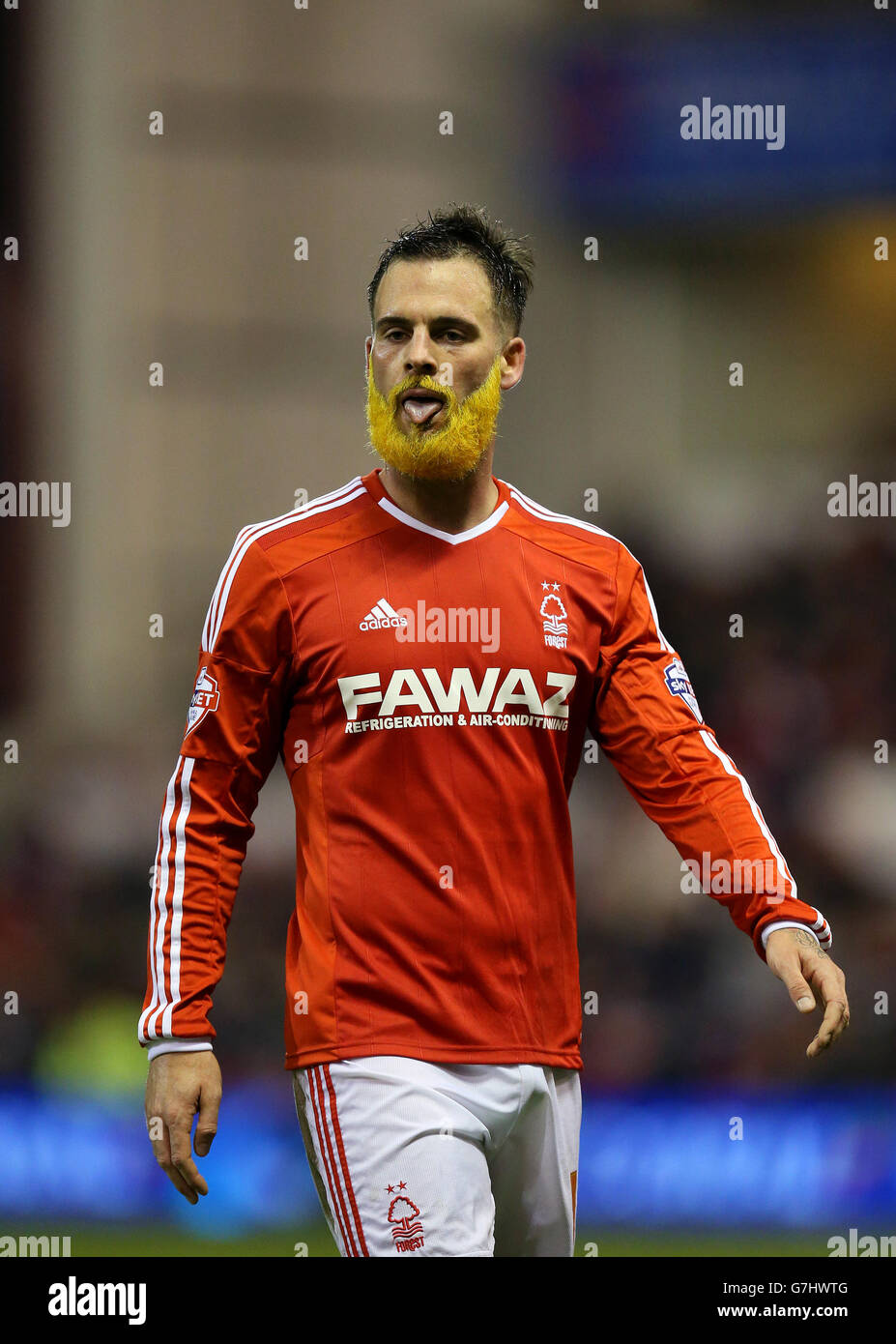 Nottingham Forest's Danny Fox with his beard dyed orange in order to raise awareness of the disease Cystic Fibrosis during the Sky Bet Championship match at the City Ground, Nottingham. Stock Photo