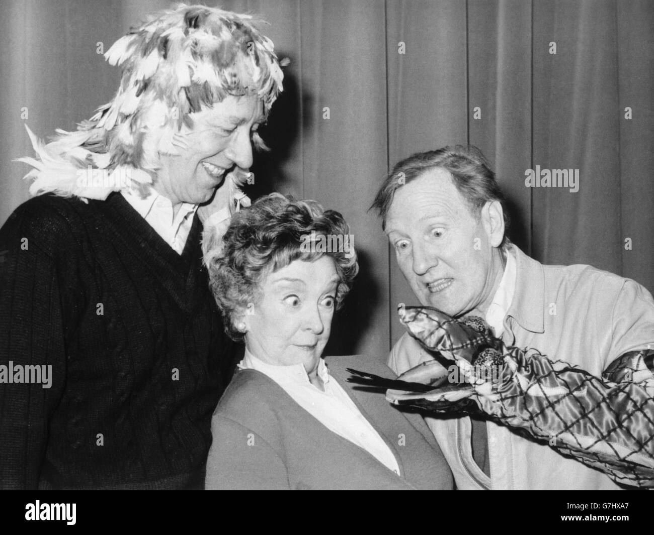 Captain Beaky and his friends preach The Woodland Gospels in a special BBC Radio 4 Christmas adaptation of actor Jeremy Lloyd's best-selling book. Jeremy (l) plays Captain Beaky, with Beryl Reid (Batty Bat) and Leslie Phillips (Hissing Sid), in a strong cast. Stock Photo