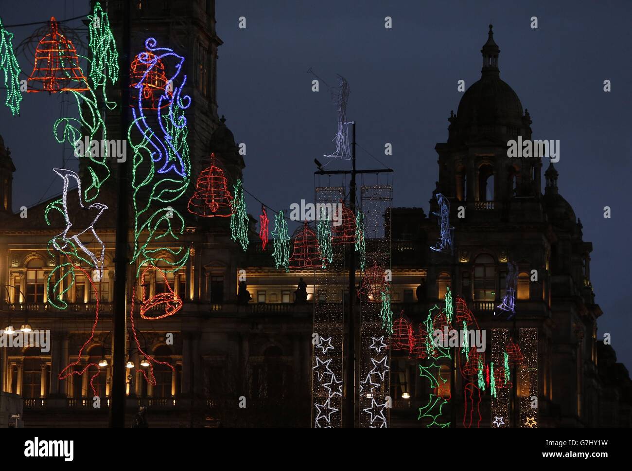Christmas lights remain as the street lights are switched off in
