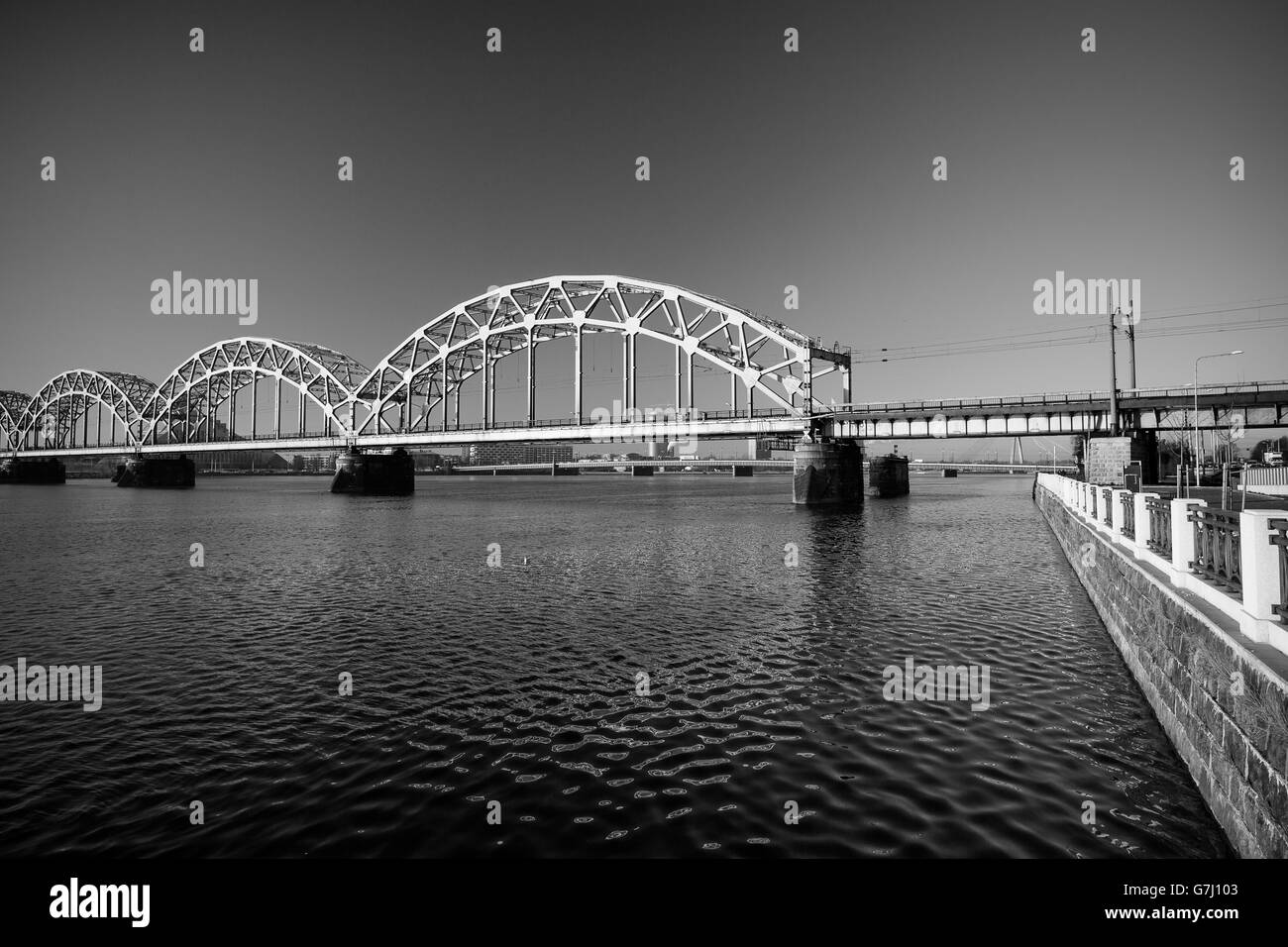 View of the Railway Bridge over Daugava in Riga, Latvia Stock Photo