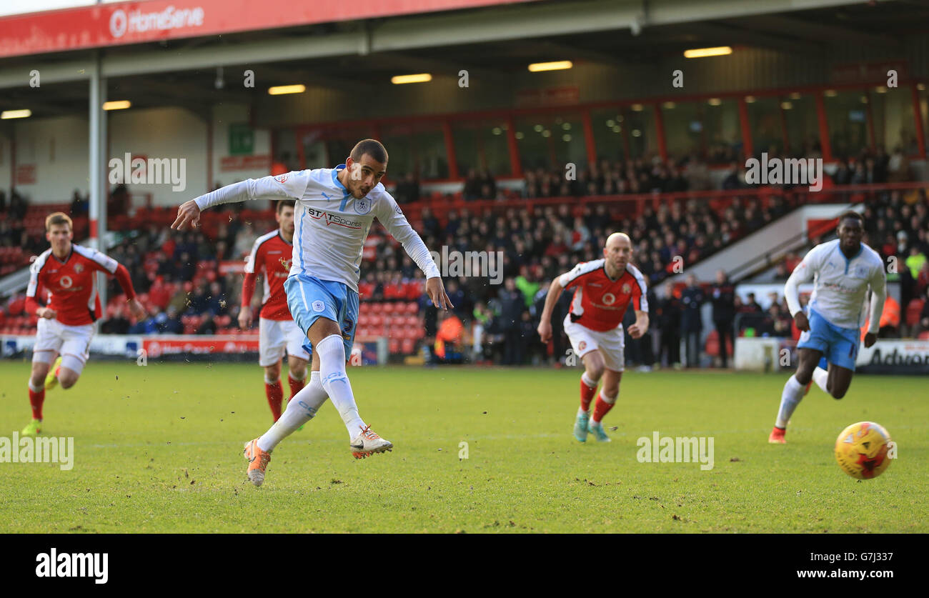 Coventry City's Marcus Tudgay has his penalty saved by Walsall's goalkeeper Richard O'Donnell (out of picture). Stock Photo