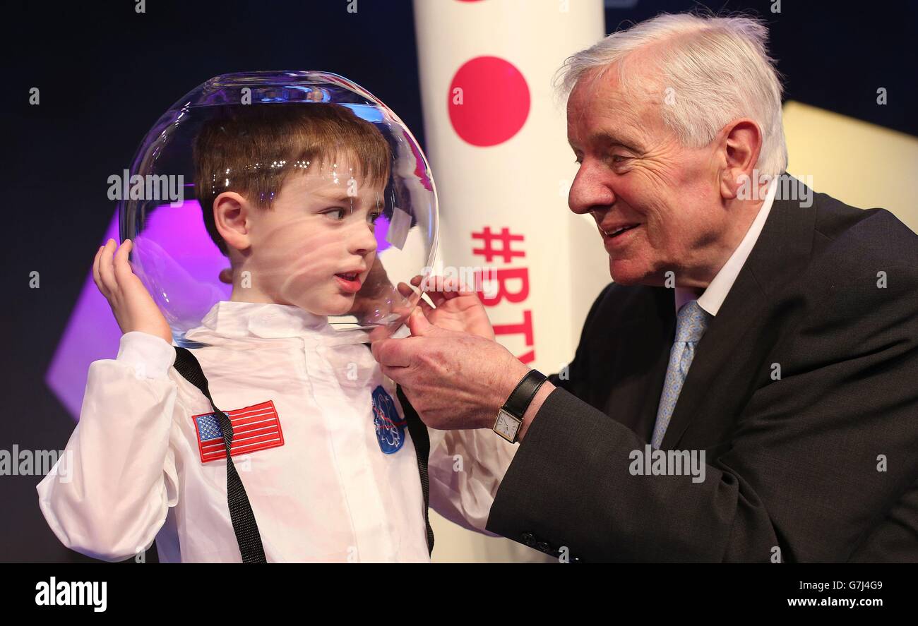 Harry Scott Horley aged 5, with his grandfather Dr. Tony Scott (founding member of the exhibition) at the the 51st BT Young Scientist &amp; Technology Exhibition at the RDS in Dublin which opens to the public on Thursday. Stock Photo