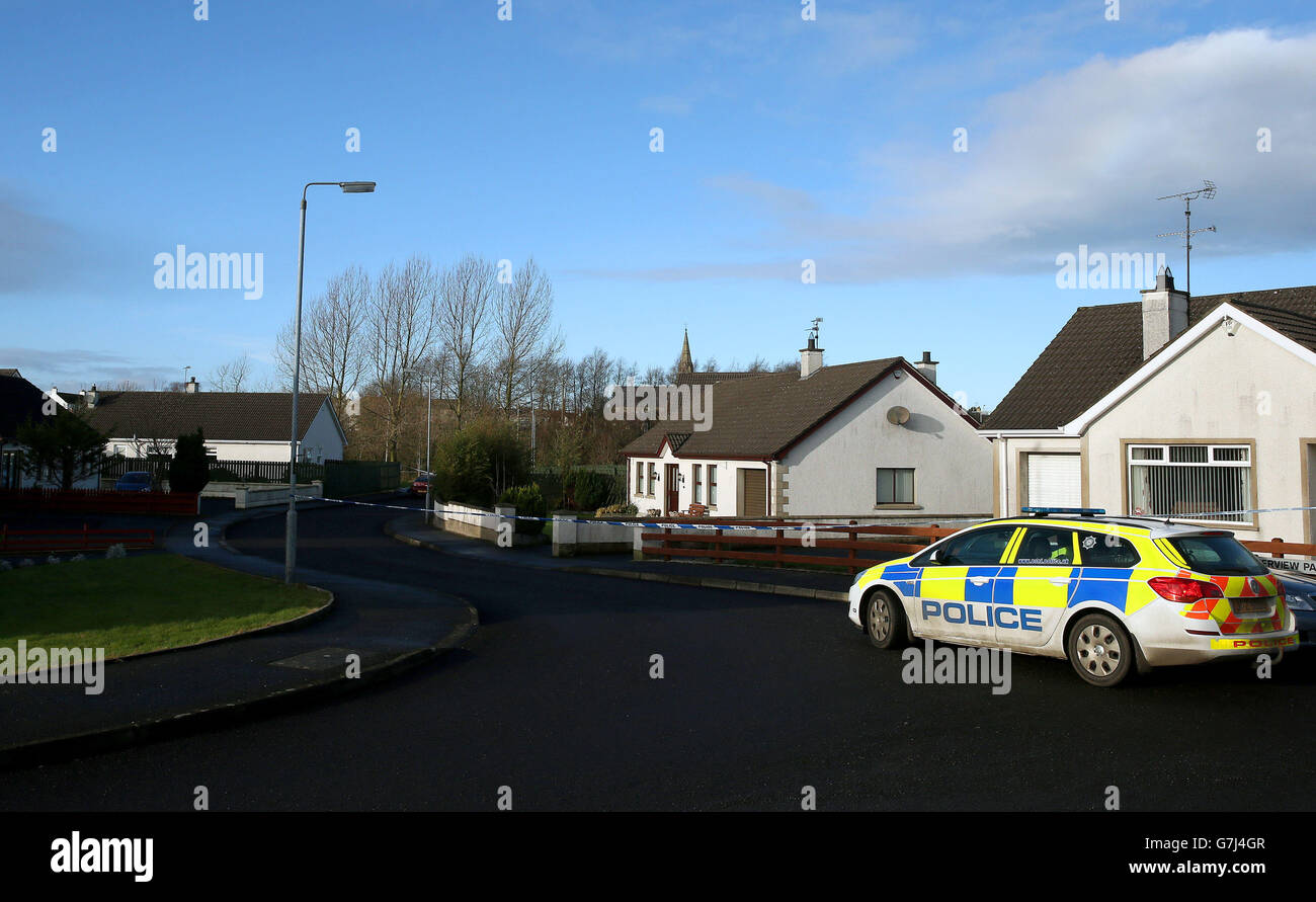 PSNI at Riverview Park in Ballymoney, Co Antrim, after a man was shot dead outside a house in the park. Stock Photo