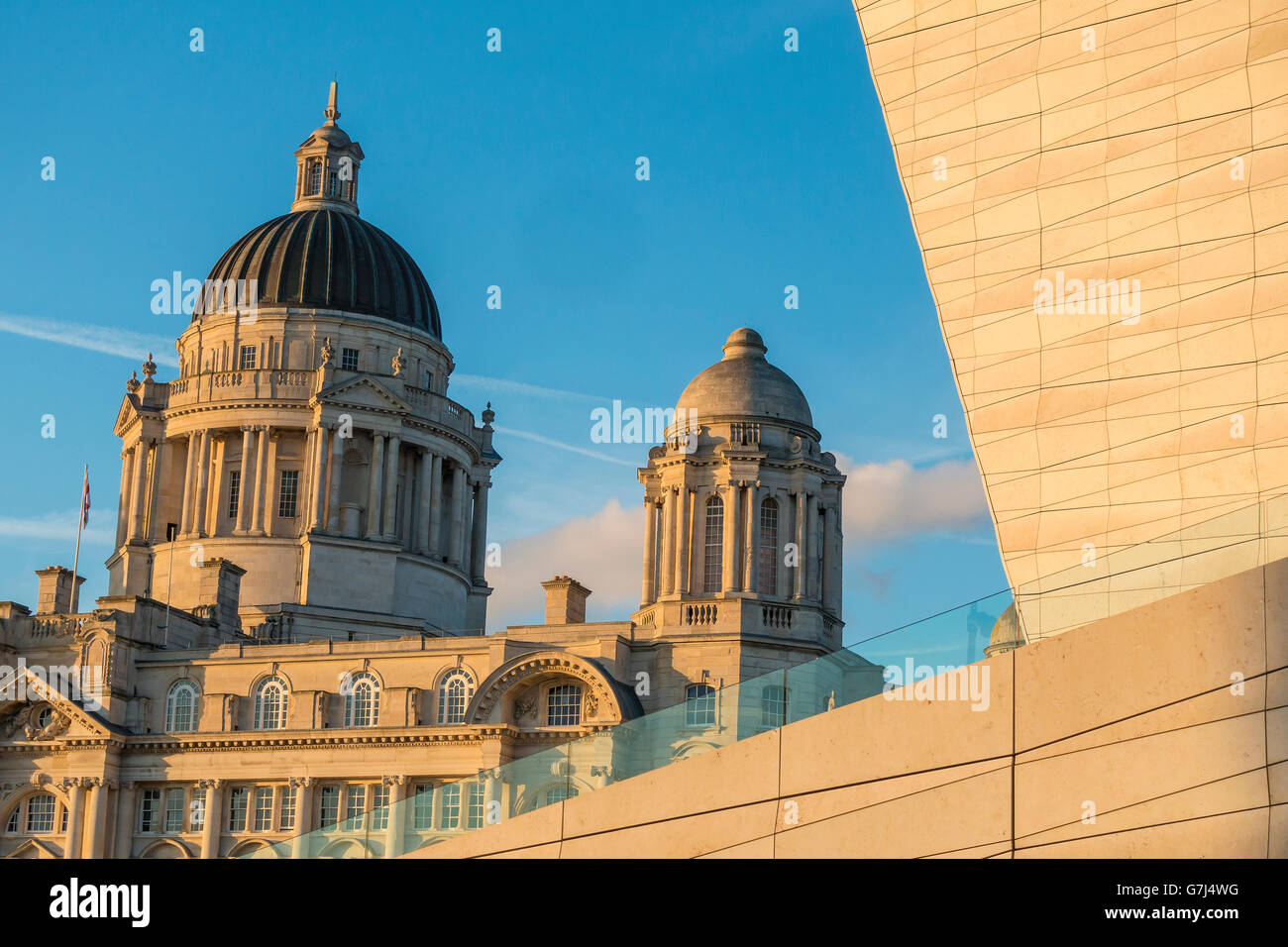 Port of Liverpool Building and the Museum of Liverpool Building in evening light. Stock Photo