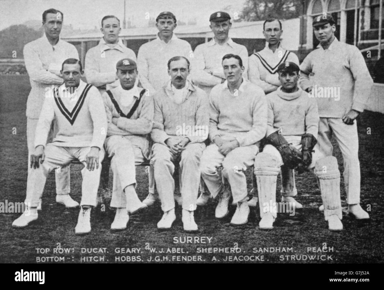Surrey County Cricket Club from 1923. (top l-) Andy Ducat, George Geary, William Abel, Thomas Shepherd, Andy Sandham and Alan Peach. (front l-r) Bill Hitch, Jack Hobbs, Percy Fender, Alfred Jeacocke and Bert Herbert. Stock Photo