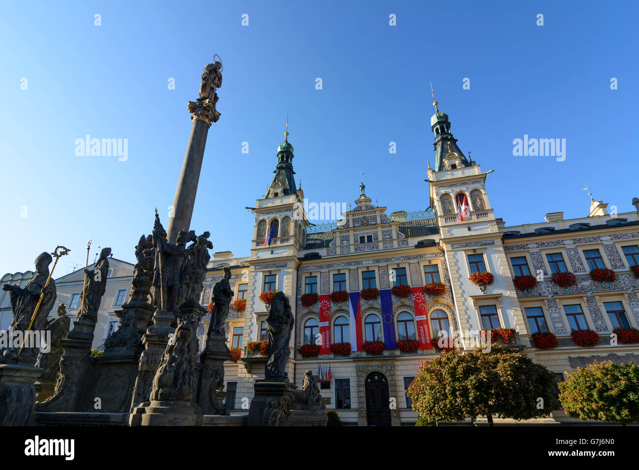 Main Square ( Pernstein Square ) with the Town Hall and Marian column, Pardubice (Pardubitz) , Czech Republic, Pardubicky, Pardu Stock Photo