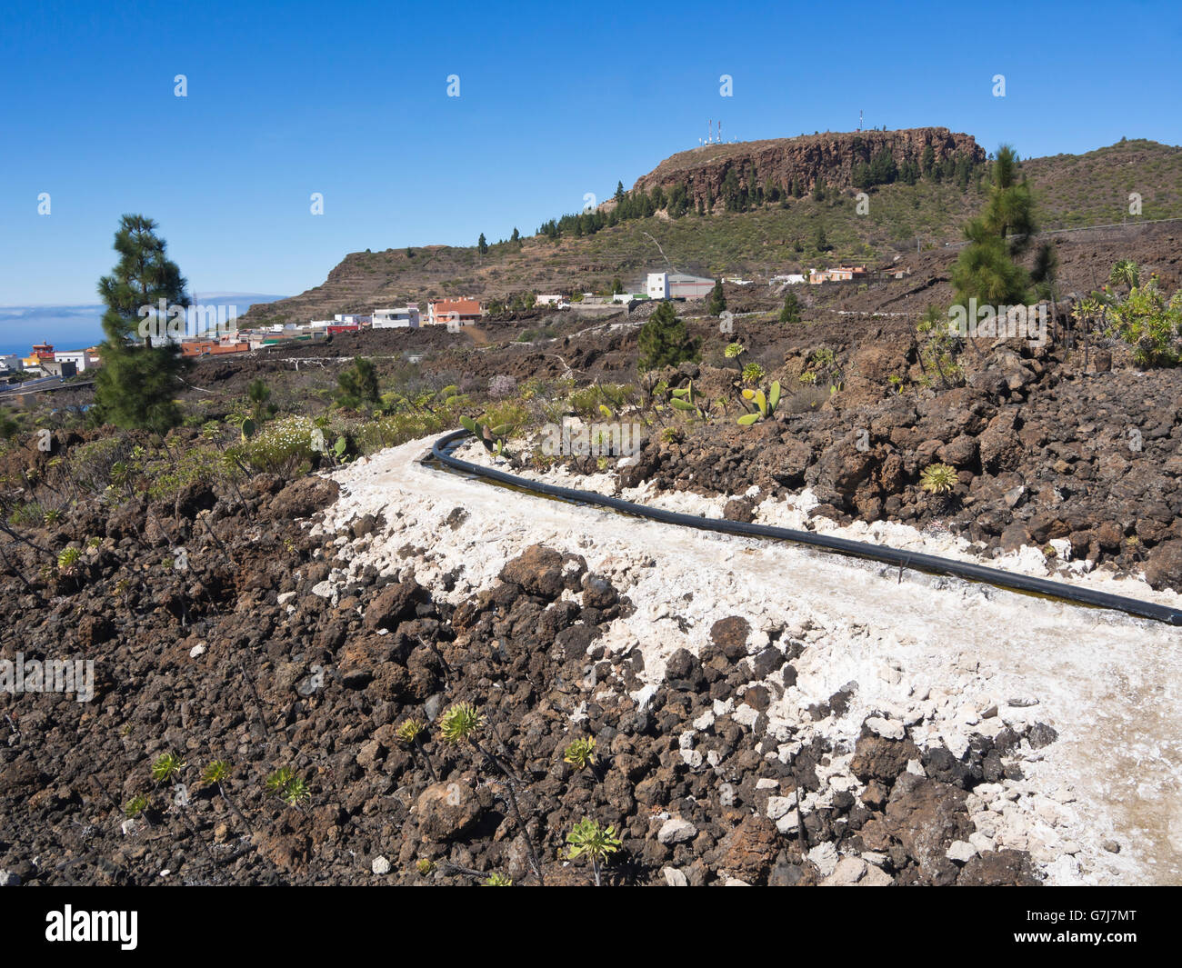 Tenerife Canary Islands Spain, open concrete water canal near Arguayo through lava fields carrying water to the fields Stock Photo