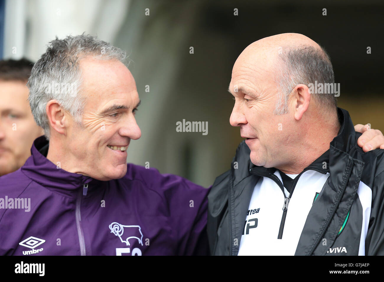 Norwich City first team coach Mike Phelan (right) and Derby County goalkeeper coach Eric Steele during the Sky Bet Championship match at the iPro Stadium, Derby. Stock Photo