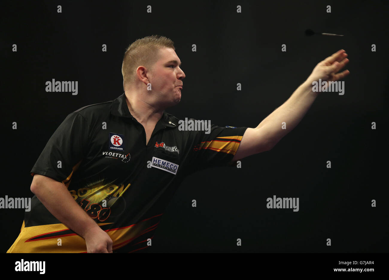 Ron Meulenkamp during his match against Mark Webster during the William Hill World Darts Championship at Alexandra Palace, London. Stock Photo