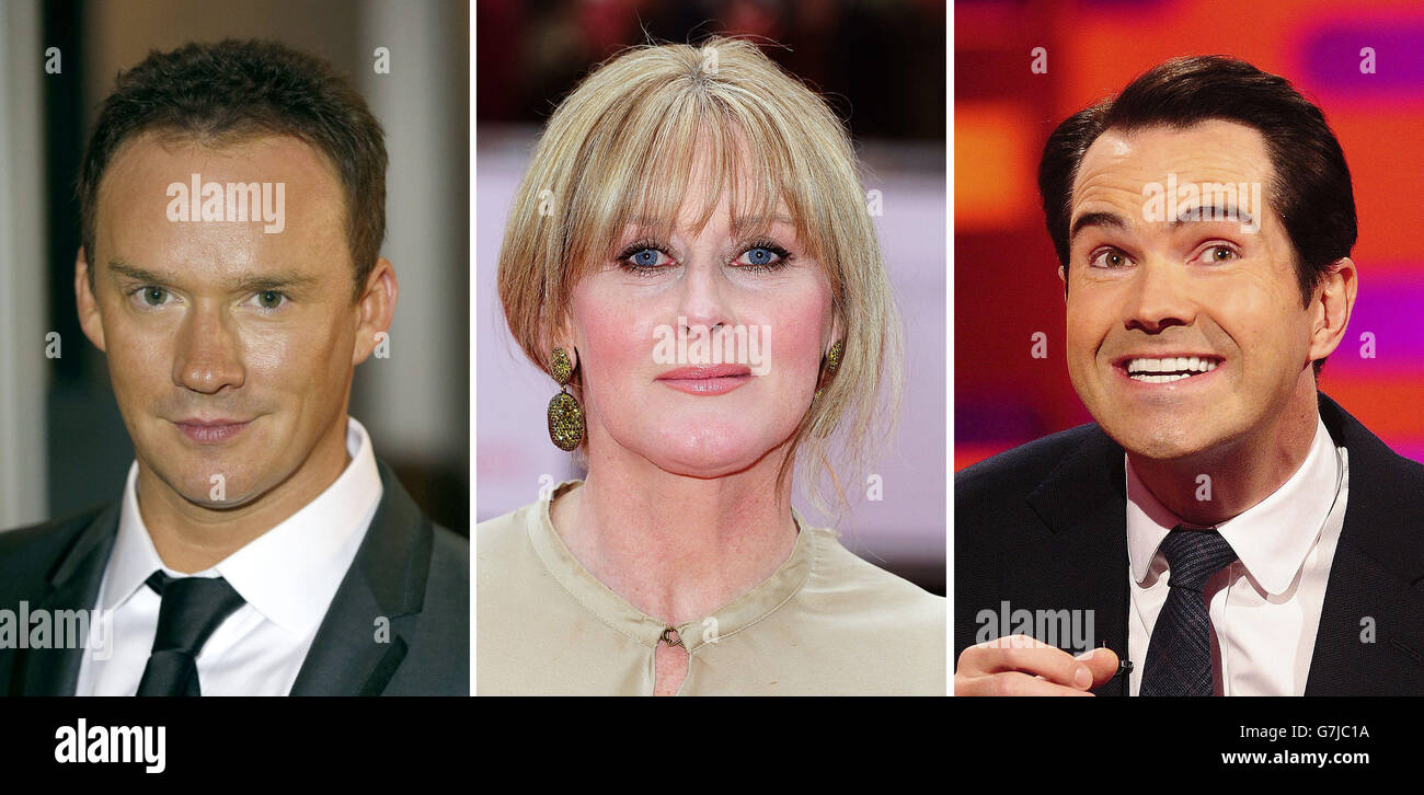 File photos of (from the left) Russell Wtason, Sarah Lancashire and Jimmy Carr. Stock Photo