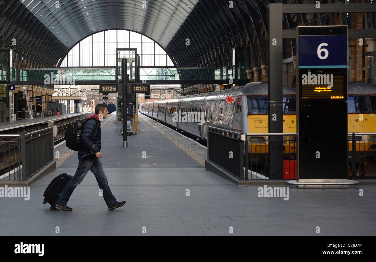 Empty platforms at King's Cross, London, as trains in and out of the station have been cancelled because of overrunning Network Rail engineering works north of the station, with a reduced service tomorrow. Stock Photo