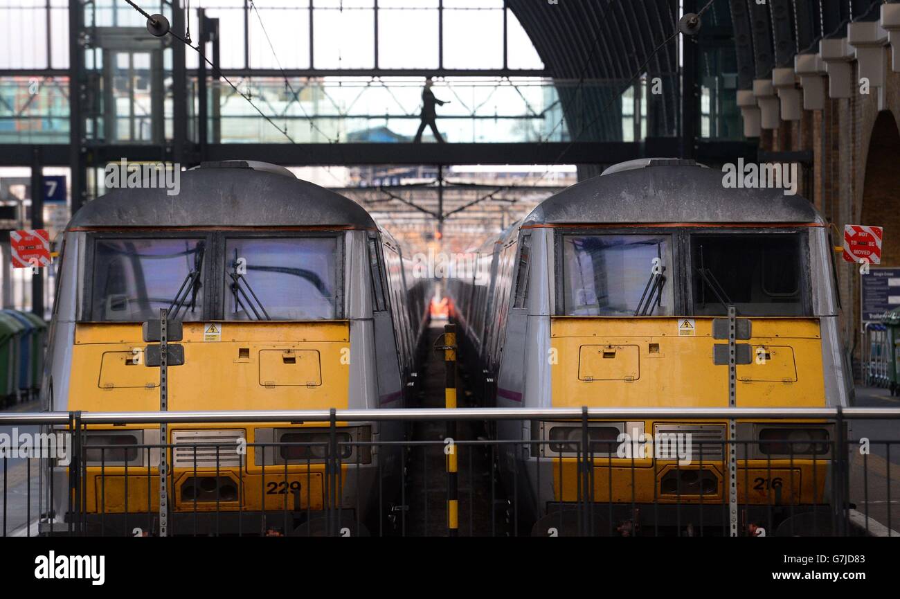 Trains at King's Cross, London, as trains in and out of the station have been cancelled because of overrunning Network Rail engineering works north of the station, with a reduced service tomorrow. Stock Photo