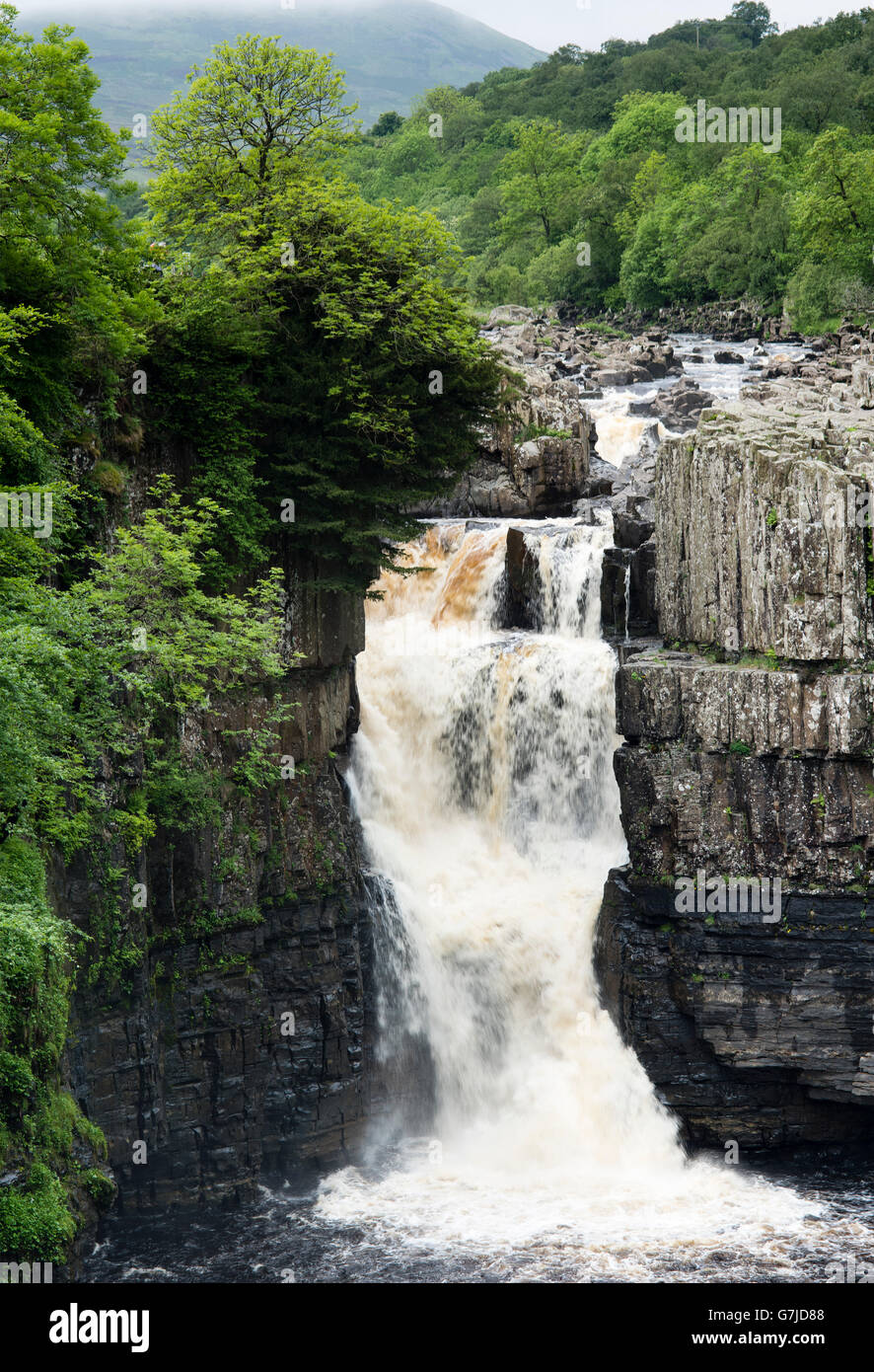 Summer rainfall plunging over the Great Whin Sill, High Force, Teesdale, County Durham, England, UK Stock Photo