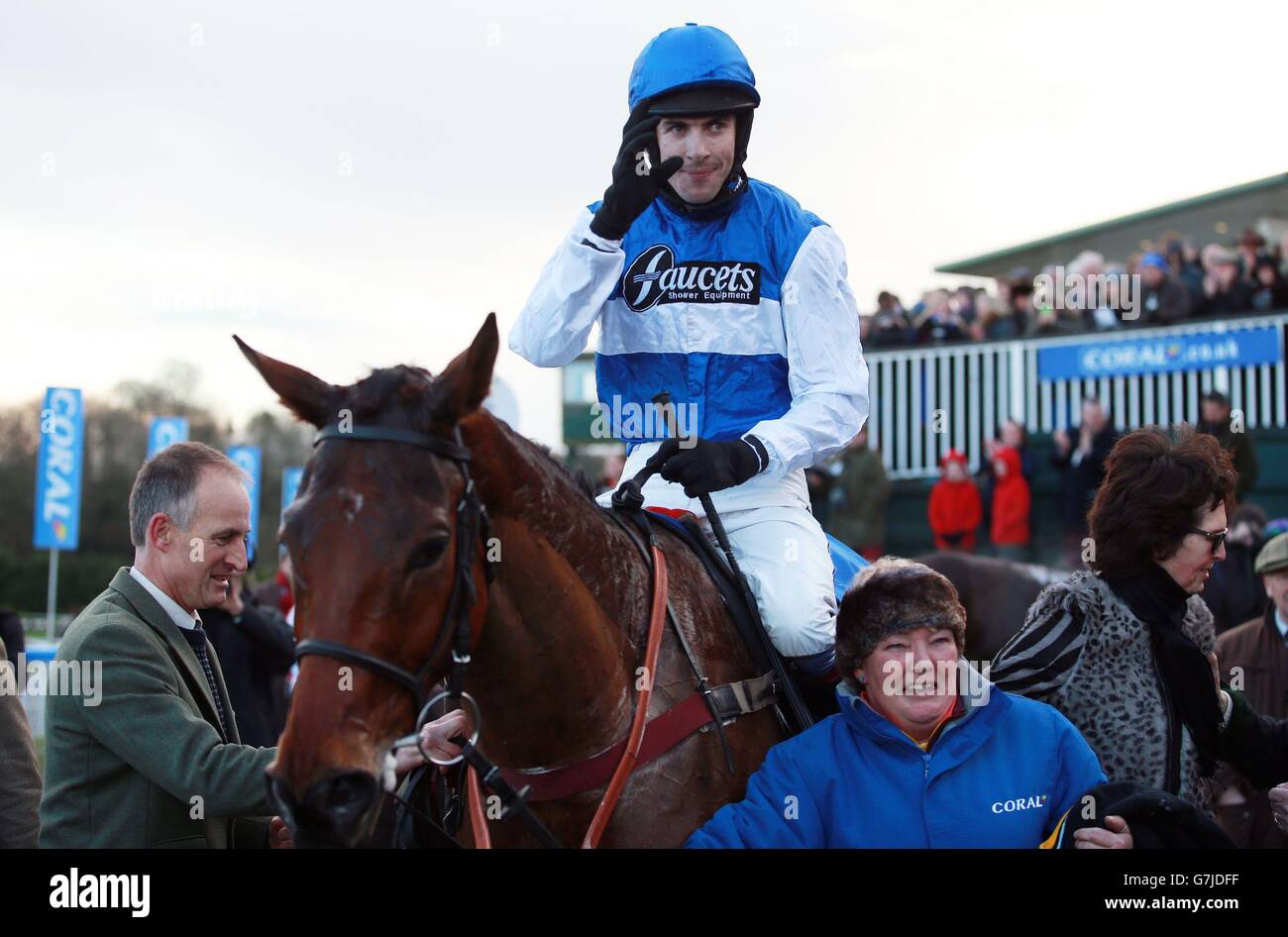 Jockey Aidan Coleman acknowledges the crowd after his victory on Emperor's Choice in the Coral Welsh Grand National during Coral Welsh Grand National Day at Chepstow Racecourse, Chepstow. Stock Photo