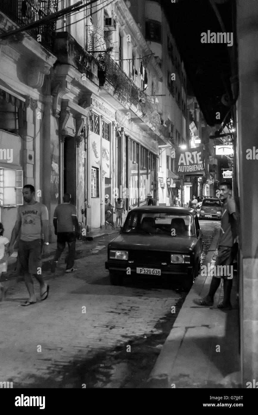 Streets of Old Havana at night. Black & white image Stock Photo
