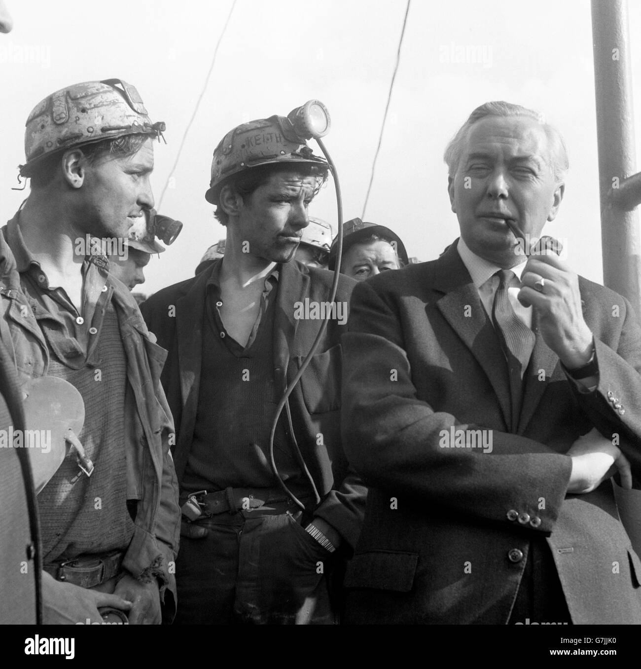 Labour leader Harold Wilson talks to miners at Cronton Colliery during a tour of his constituency. Stock Photo
