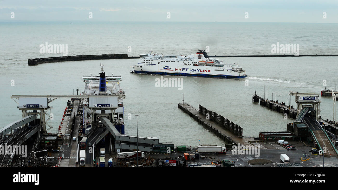 The MyFerryLink Berlioz leaves the Port of Dover in Kent. Stock Photo