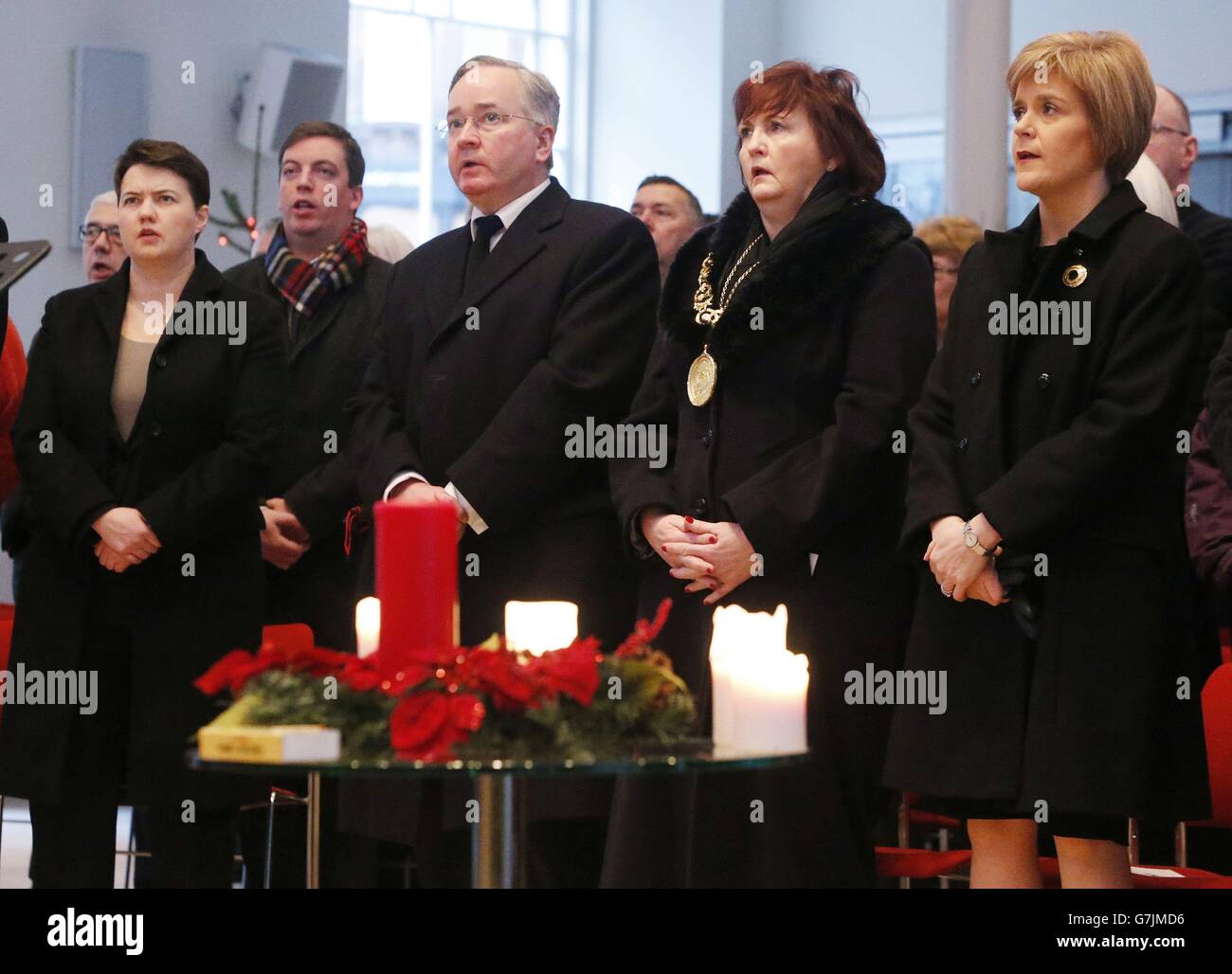 (Left to right) Leader of the Scottish Conservatives Ruth Davidson, Gordon Matheson, Glasgow Lord Provost Sadie Docherty and First Minister Nicola Sturgeon during a service of remembrance at St George's Tron Church of Scotland in Glasgow, after a bin lorry crashed into a group of pedestrians which left six people dead. Stock Photo
