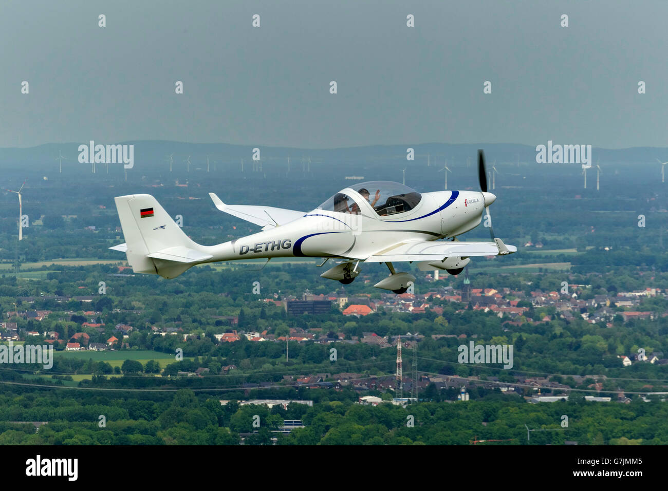 Aerial view, airfield Hamm start a single-seater AQUILA, light aircraft, Hamm, Ruhr area, North Rhine-Westphalia, Germany, Stock Photo