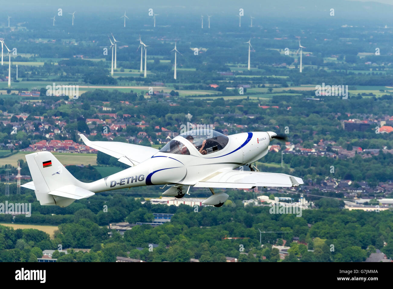 Aerial view, airfield Hamm start a single-seater AQUILA, light aircraft, Hamm, Ruhr area, North Rhine-Westphalia, Germany, Stock Photo