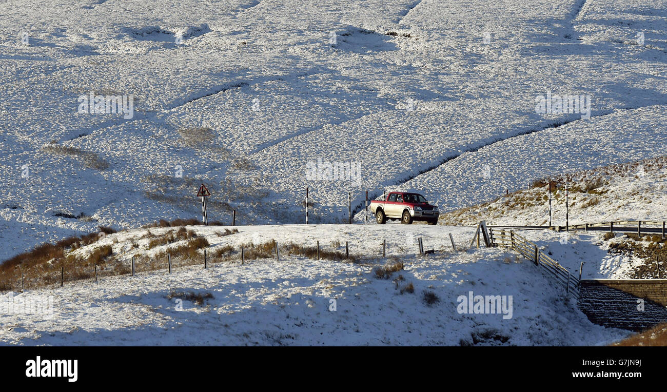 A view of snow covered fields in Teesdale, County Durham, following one of the coldest nights of the year. Stock Photo