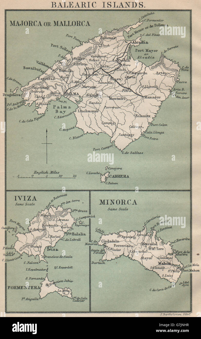 BALEARIC ISLANDS. Majorca Iviza Ibiza Minorca Menorca Formentera. Spain 1899 map Stock Photo