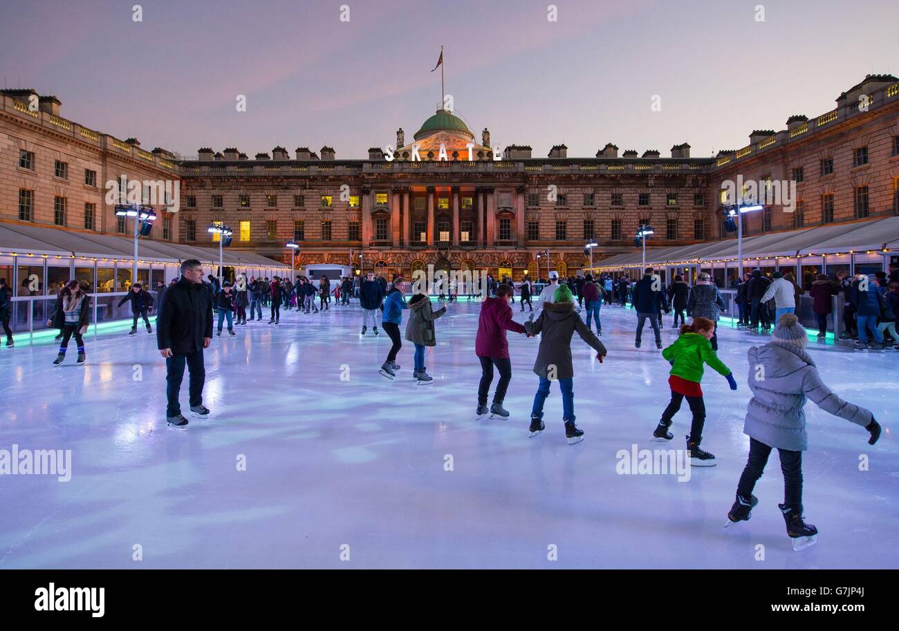 Ice skaters on the skating rink at Somerset House in central London ...