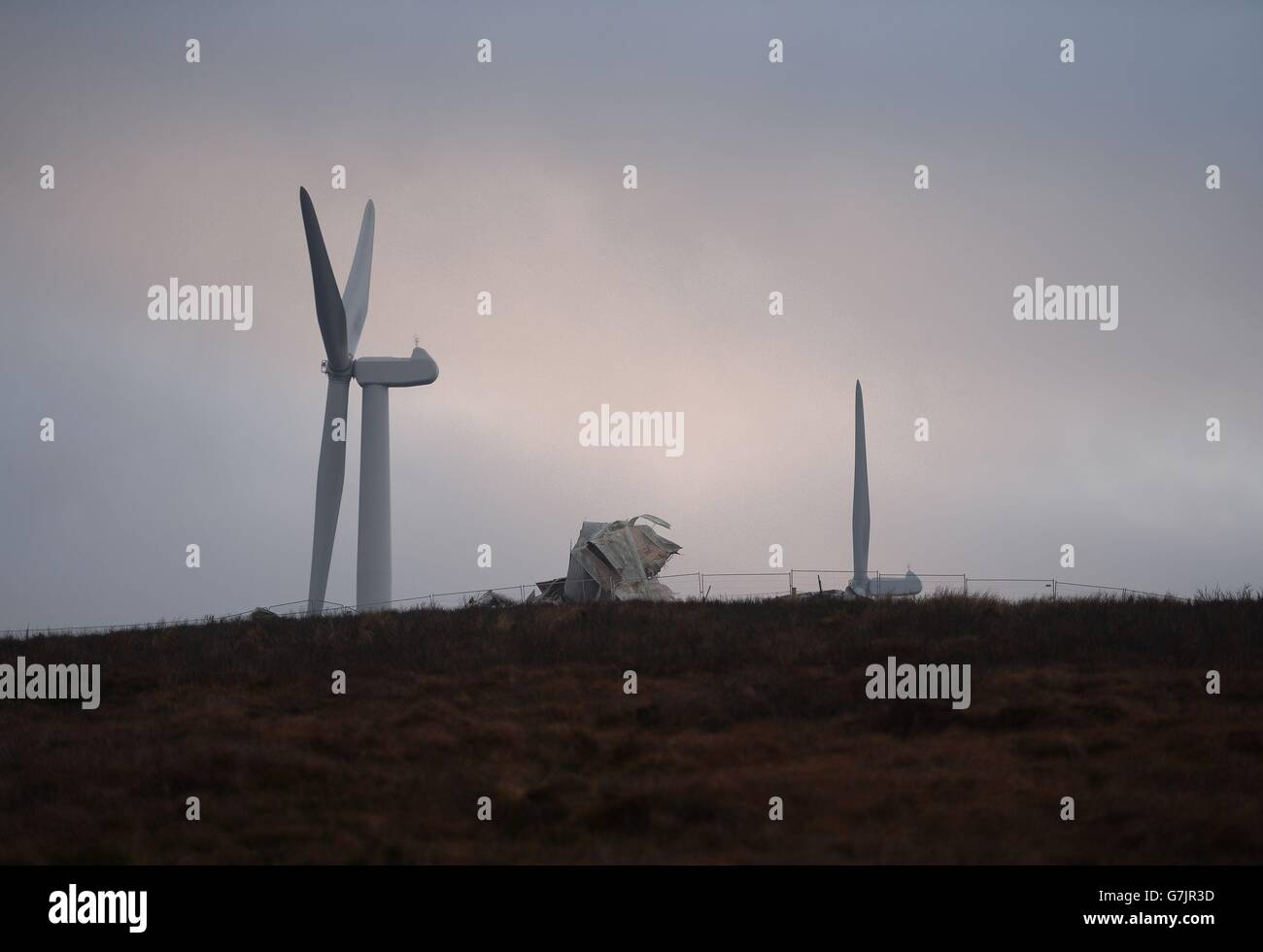 A general view of a wind turbine which collapsed at Screggagh wind farm, County Tyrone on Friday evening, 2nd of January, 2015. Stock Photo