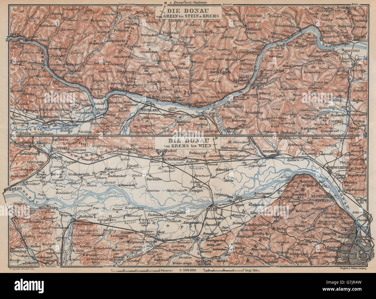 DANUBE DONAU RIVER. Grein-Ybbs-Pochlarn-Melk-Spitz-Krems. Austria, 1929 map Stock Photo