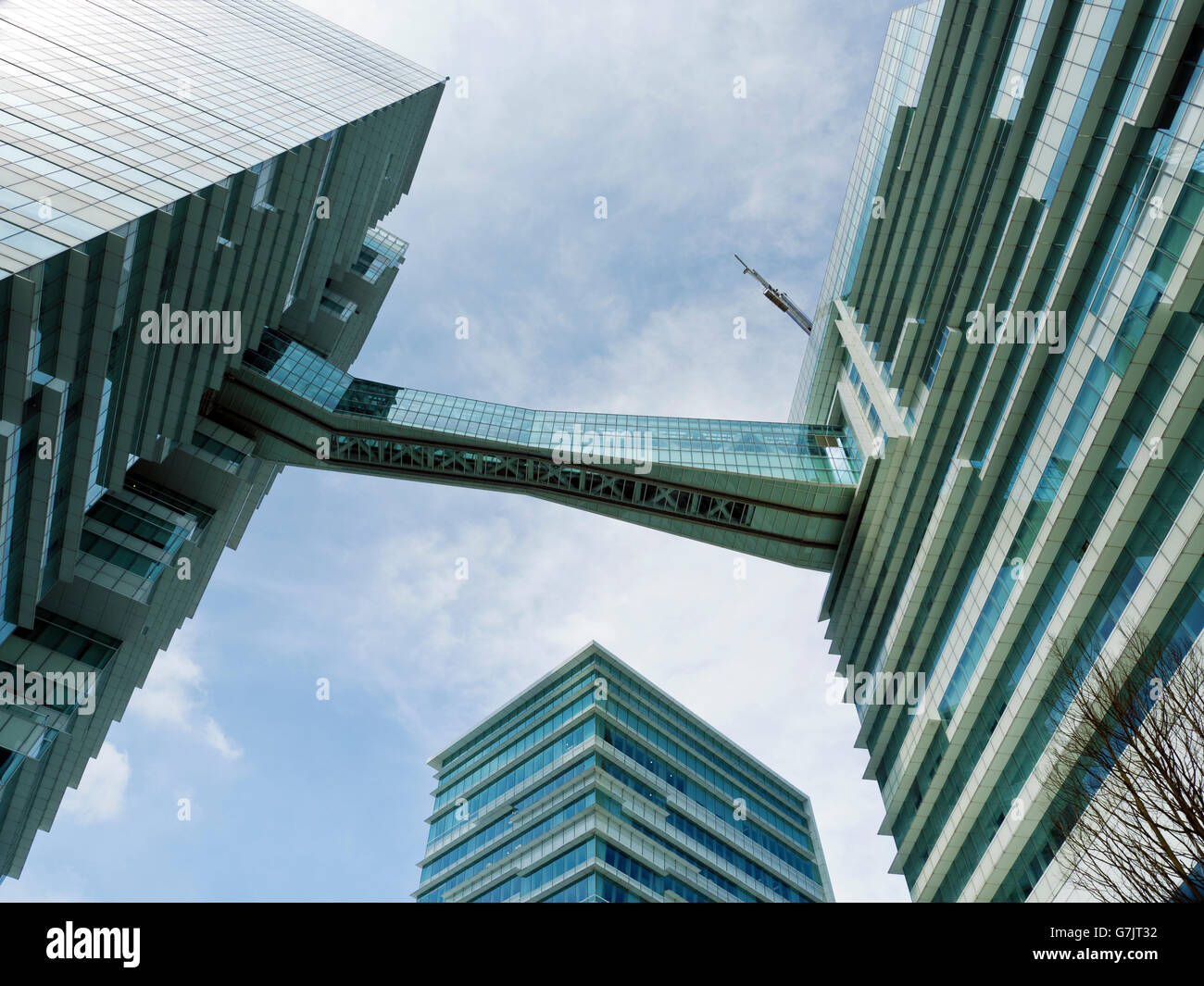 underside panoramic and perspective view to steel glass high rise building skyscrapers, business concept of successful industria Stock Photo