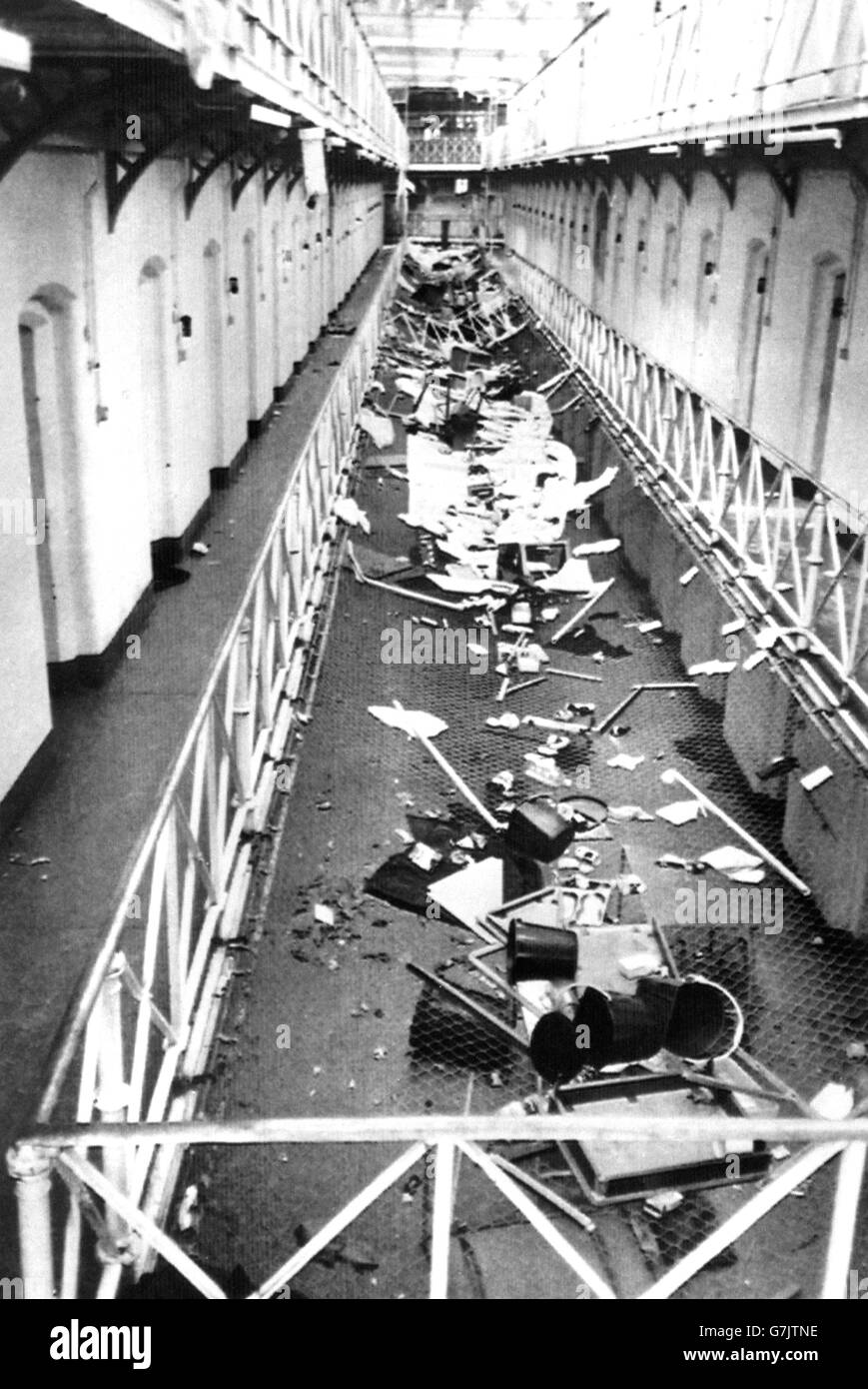 The scene on one of the landings at Strangeways prison in Manchester after prisoners ran riot during the 25-day siege. Stock Photo
