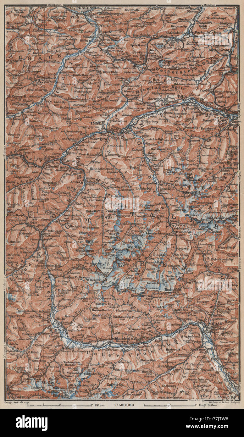TYROL/ UPPER INNTHAL ÖTZTHALER ORTLER STUBAIER ALPEN topo-map. Austria, 1929 Stock Photo