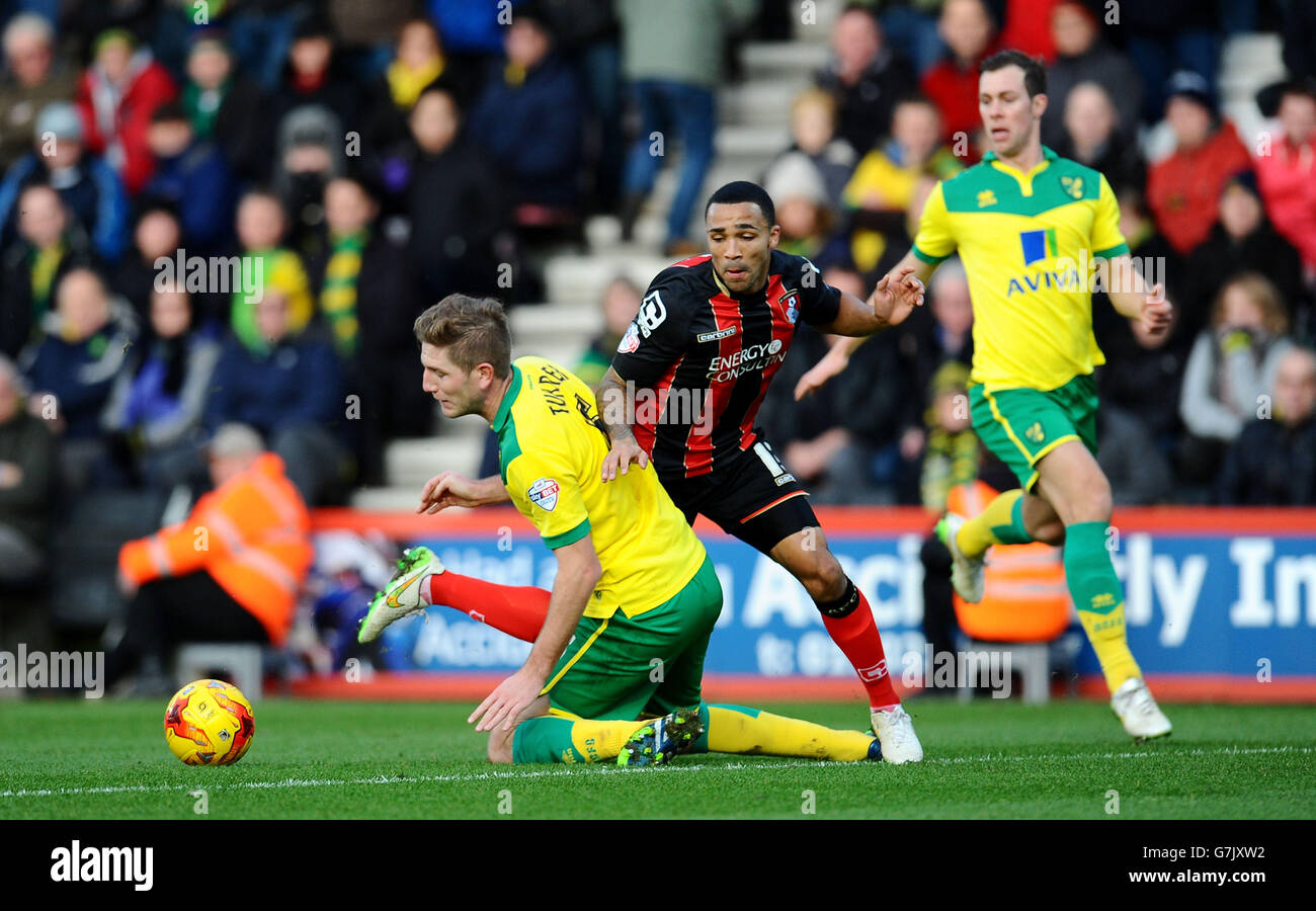 Bournemouth's Callum Wilson (centre) tries to dribble past Norwich City's Michael Turner (left) during the Sky Bet Championship match at the Goldsands Stadium, Bournemouth. Stock Photo
