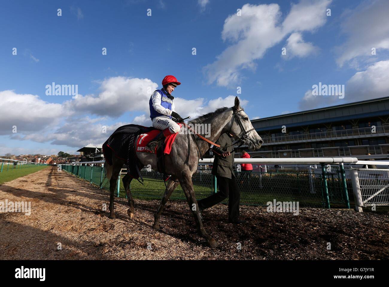 Mickie and jockey Richard Johnson make their way in after the Betfred Mobile Hampton Novices&acute; Chase on Betfred Classic Chase Day at Warwick Racecourse, Warwick. Stock Photo