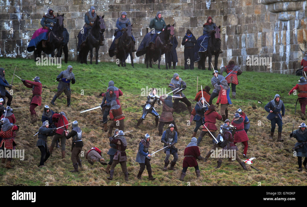 Filming for The Hollow Crown: The Wars of the Roses, a second of three adaptations of Shakespeare's History Plays, takes place at Alnwick Castle in Northumberland. Stock Photo