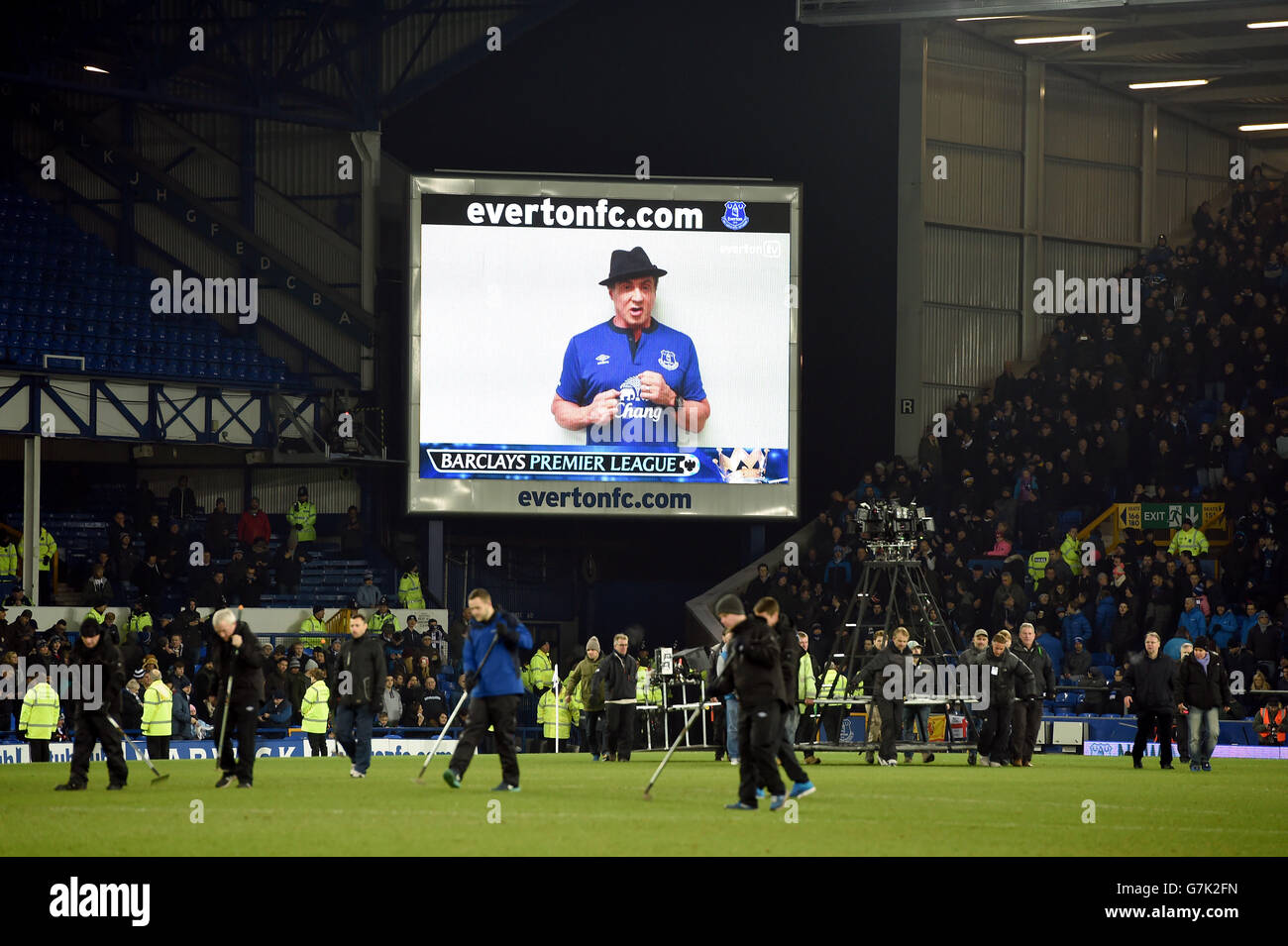 Soccer - Barclays Premier League - Everton v West Bromwich Albion - Goodison Park. Everton fan Sylvester Stallone on the giant screen at Goodison Park Stock Photo