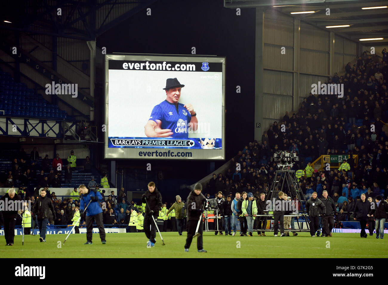 Soccer - Barclays Premier League - Everton v West Bromwich Albion - Goodison Park. Everton fan Sylvester Stallone on the giant screen at Goodison Park Stock Photo