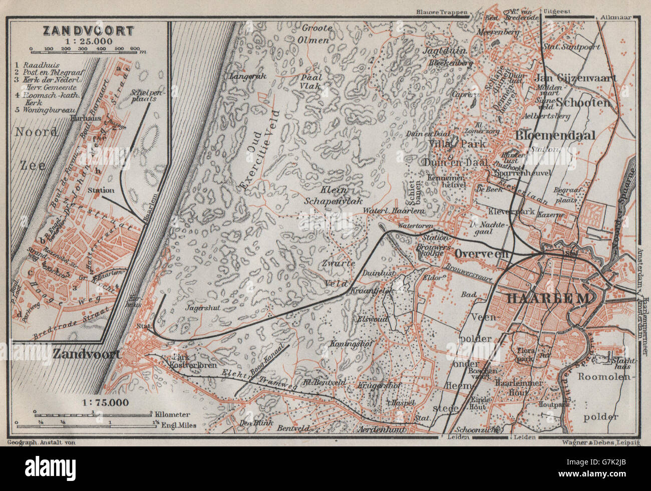 Netherlands kaart 1905 map HAARLEM & ZANDVOORT environs/town city stadsplan 
