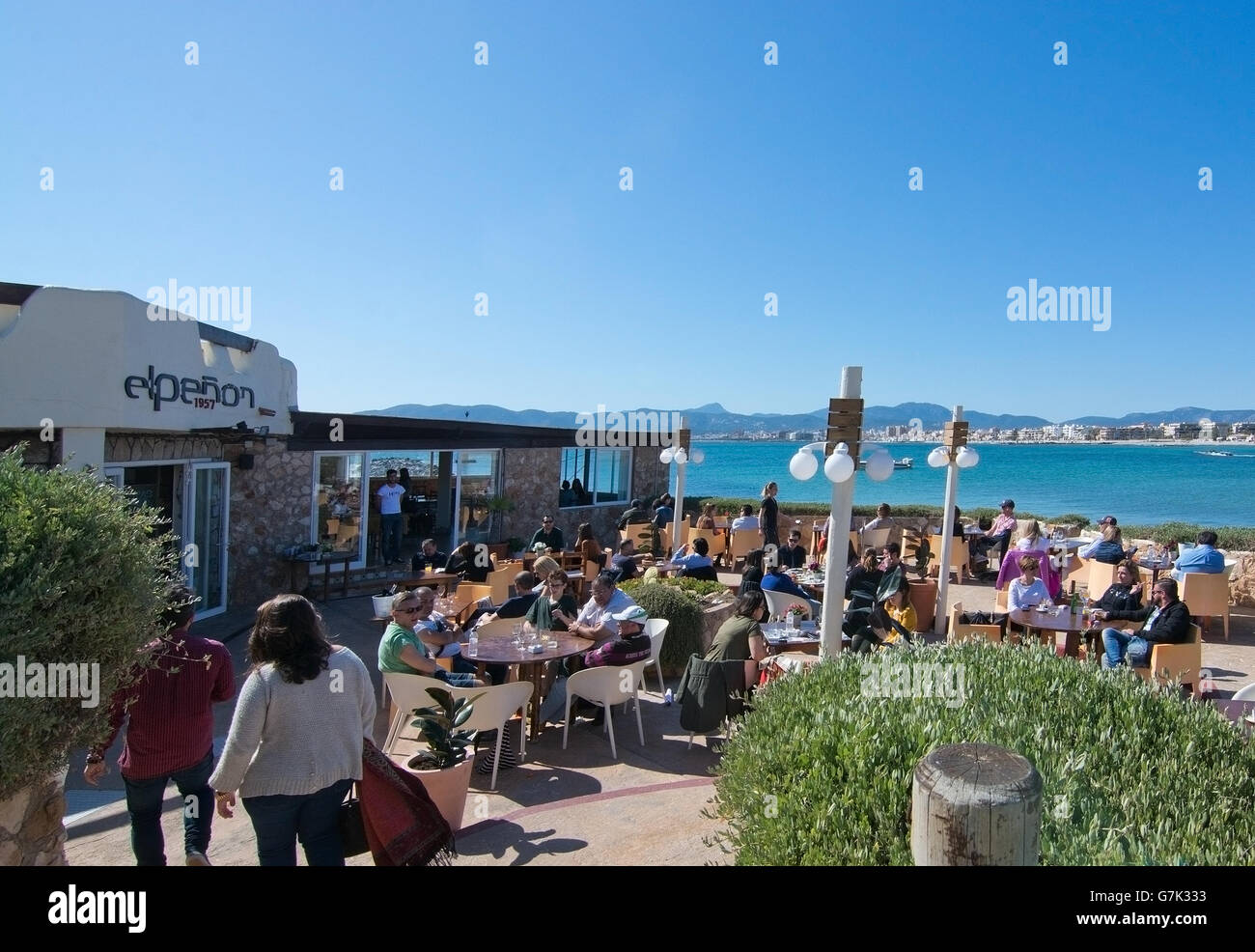 El Penon seaside restaurant and cafe in Palma de Mallorca, Balearic islands, Spain on April 10, 2016. Stock Photo