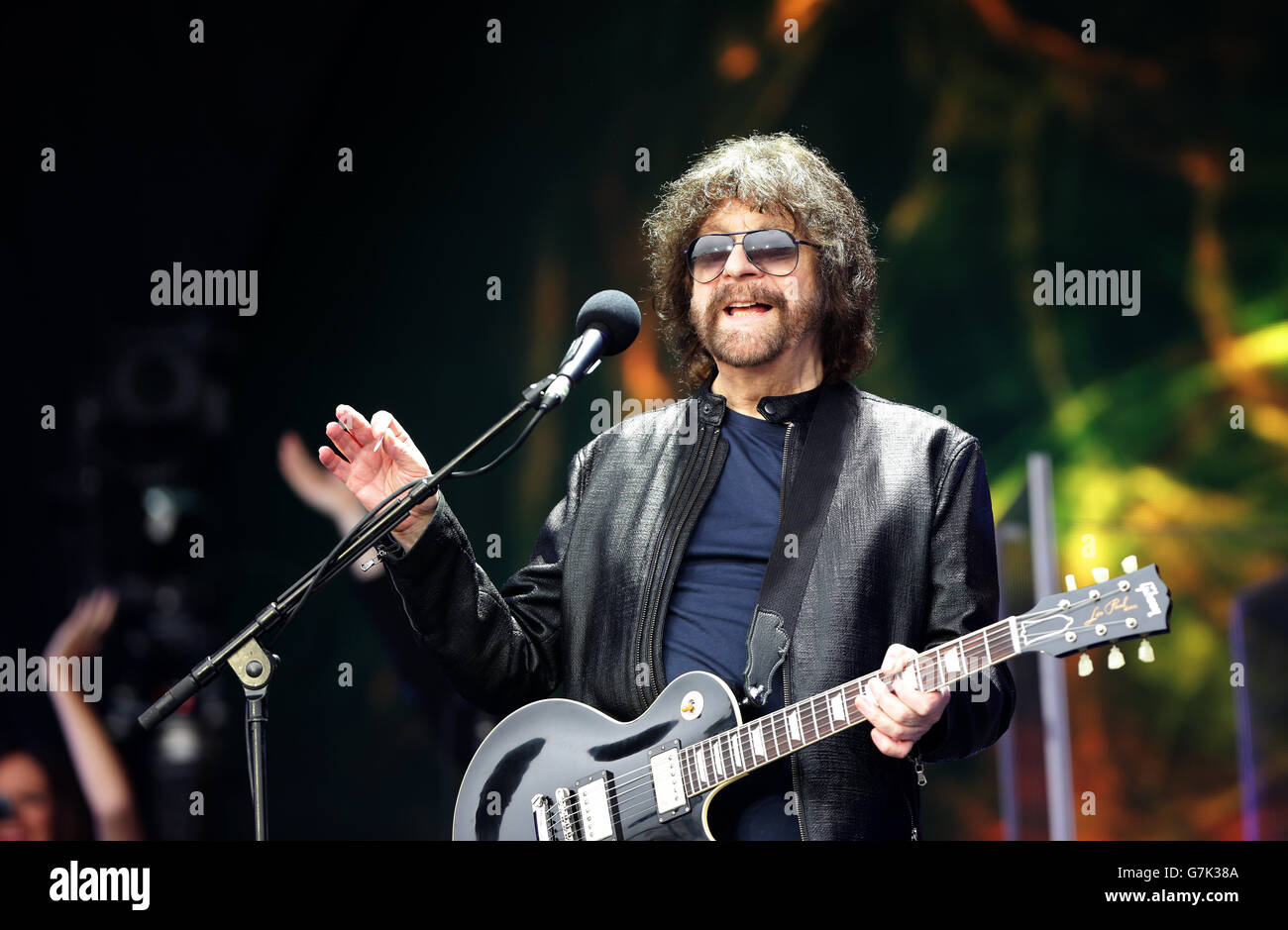 Jeff Lynne of Jeff Lynne's ELO performing live on The Pyramid Stage at the Glastonbury Festival, at Worthy Farm in Somerset. Stock Photo