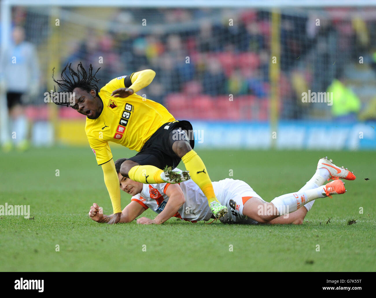 Watford's Juan Carlos Paredes (left) is tackled by Blackpool's Darren O'Dea Stock Photo