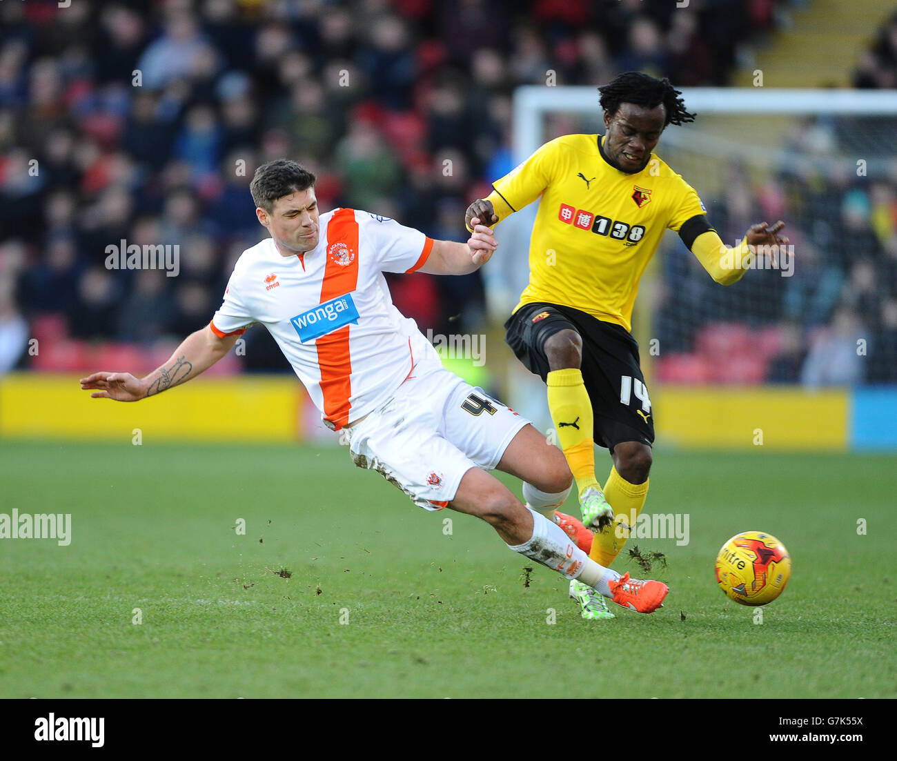 Watford's Juan Carlos Paredes (right) is tackled by Blackpool's Darren O'Dea Stock Photo
