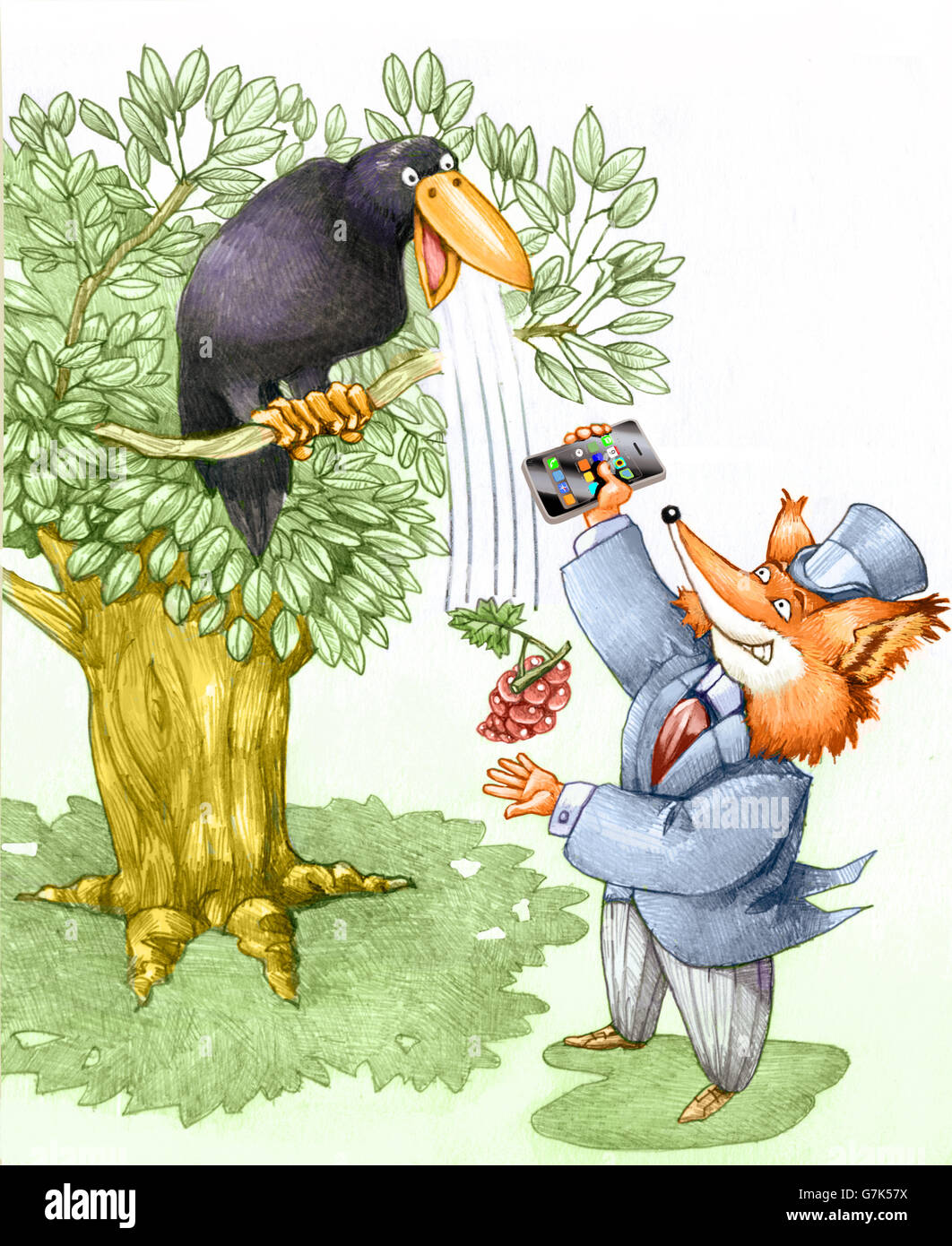 a fox tries a crow with a smart-phone and manage to get the grapes Stock Photo
