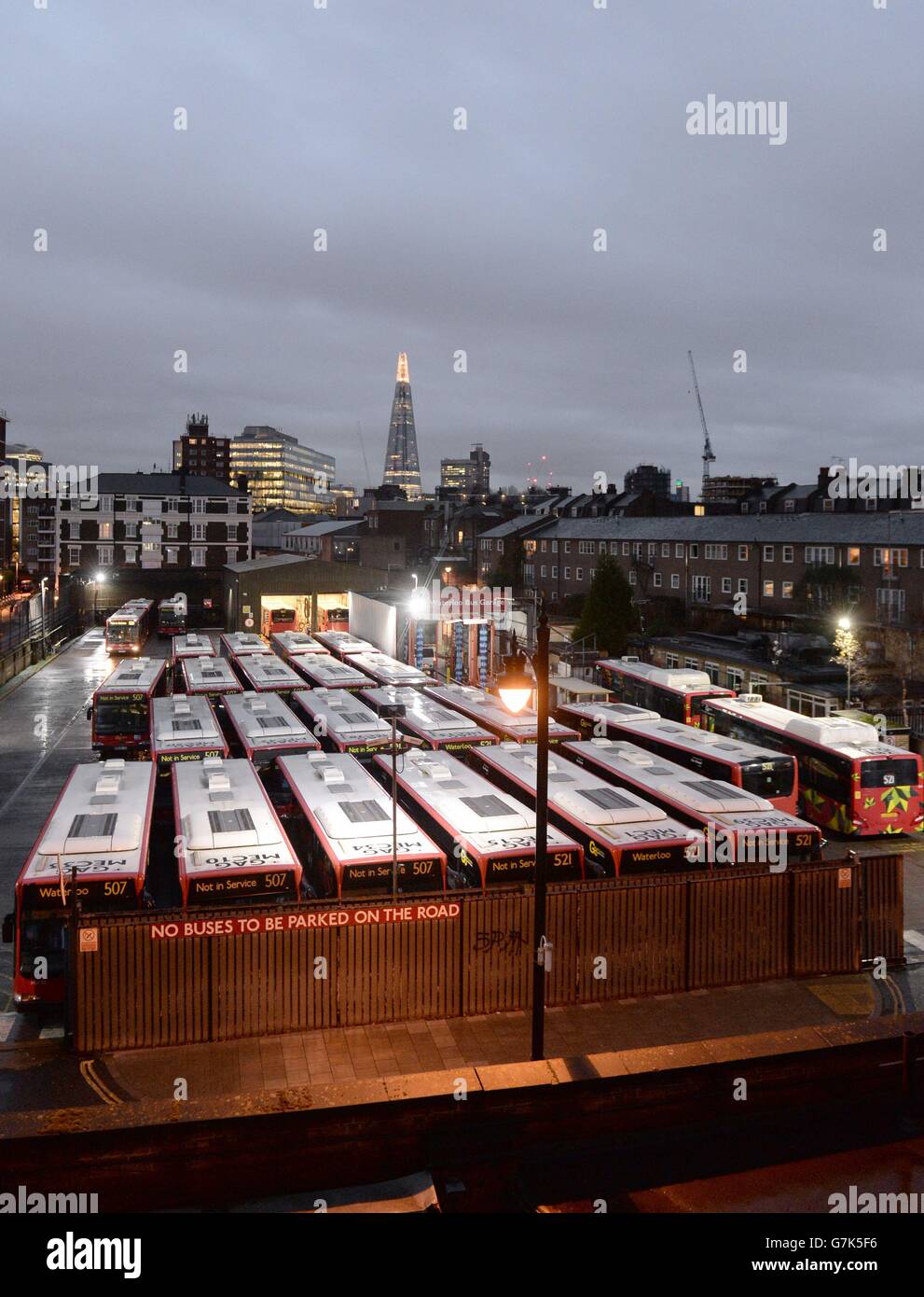 Buses are seen parked inside Waterloo Bus Garage as bus workers stage a one day strike in London