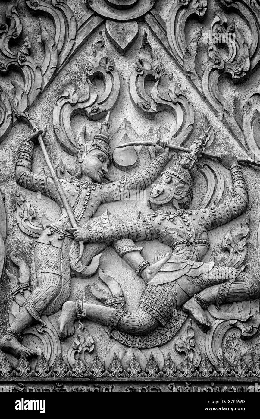 A stone carving from a buddhist temple situated in the city of Phetchaburi in Thailand. Stock Photo