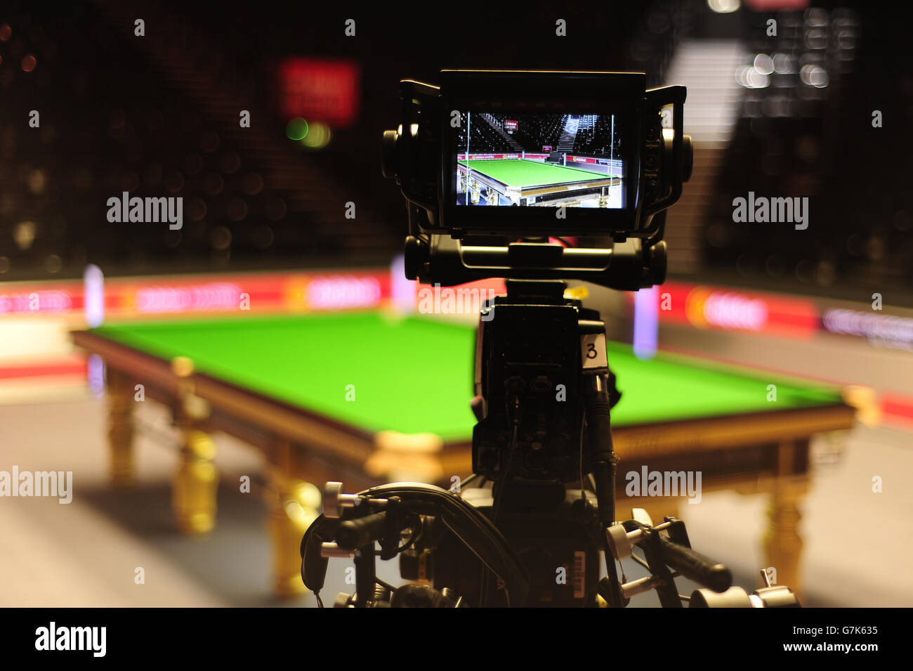 General view of the Masters Snooker table as seen through the view finder of a BBC Tv camera on day one of the 2015 Dafabet Masters at Alexandra Palace, London