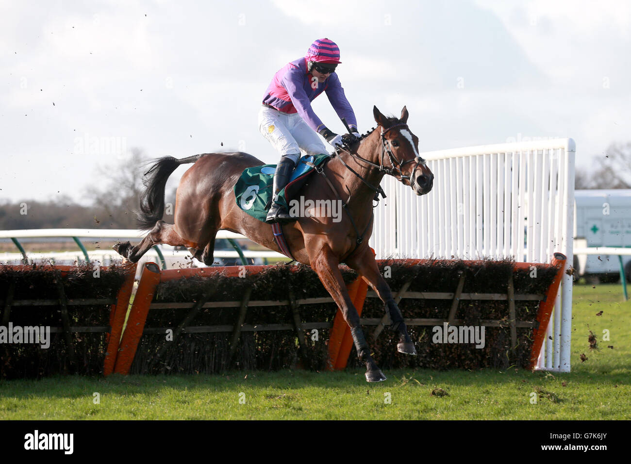 Horse Racing - Betfred Classic Chase Day - Warwick Racecourse. Be My Witness ridden by Toby Wheeler during the Betfred Goals Galore Novices' Handicap Hurdle Stock Photo