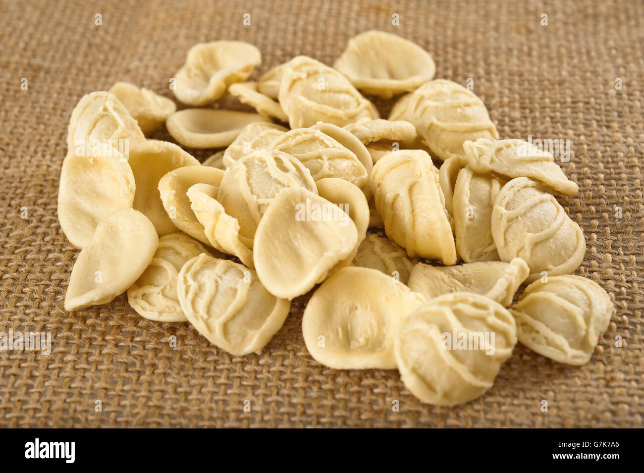 Orecchiette home made on jute Stock Photo