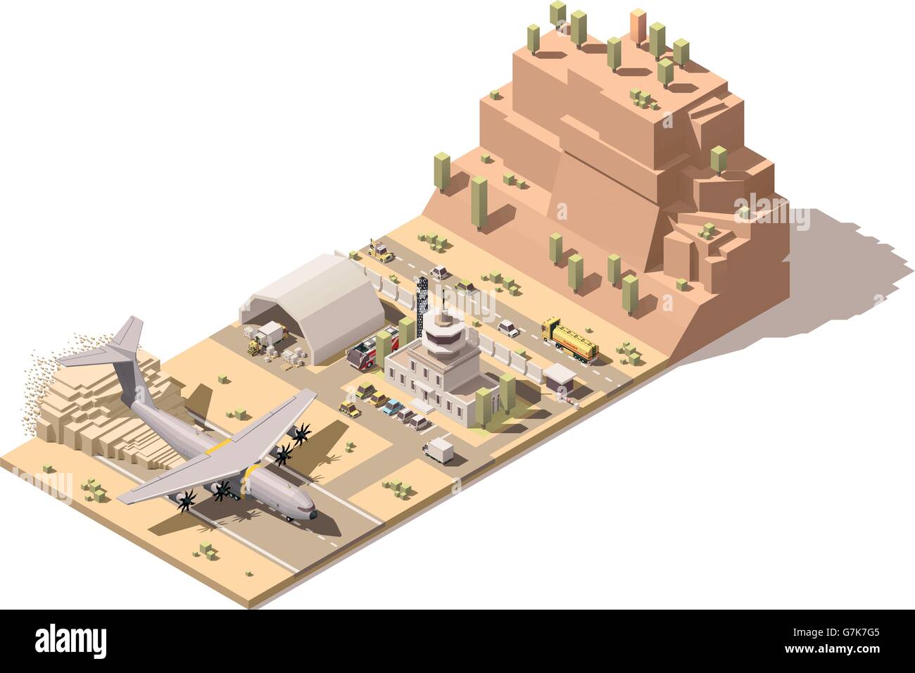Vector isometric low poly desert airport terminal building and control tower with humanitarian cargo airplane landing on dust airstrip, trucks unloading boxes by forklifts in hangar Stock Vector