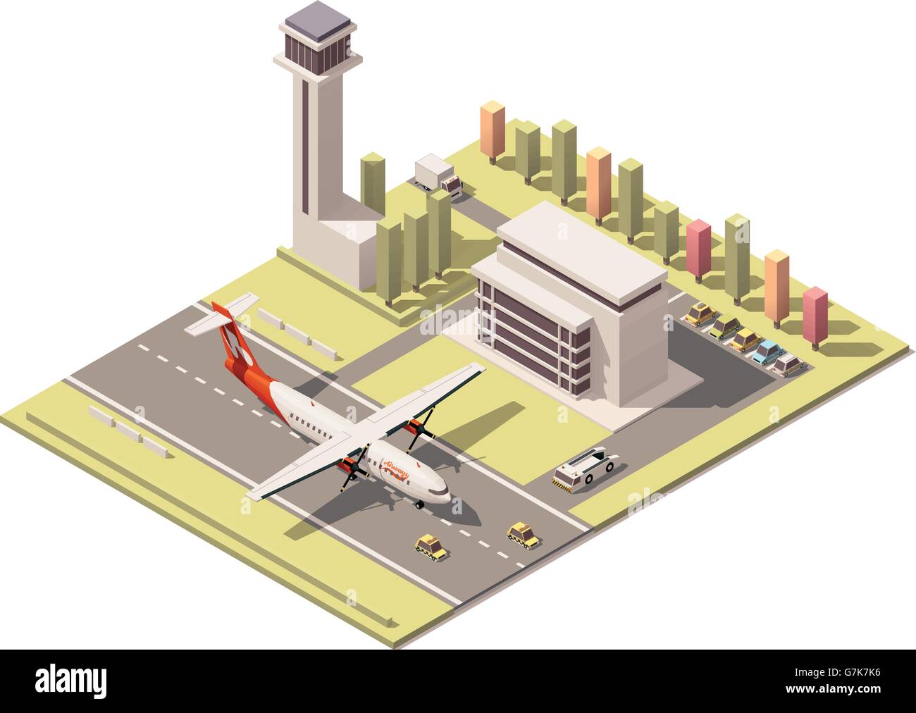 Vector isometric minimalistic low poly airport terminal building with control tower and propeller airplane landing Stock Vector